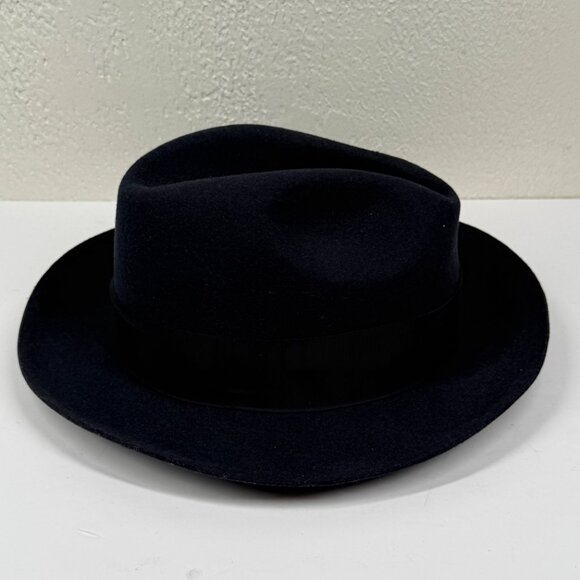 Stacy Adams Fedora Hat Wool Felt Navy Blue Feather Band XL Made in Mexico - Picture 4 of 8